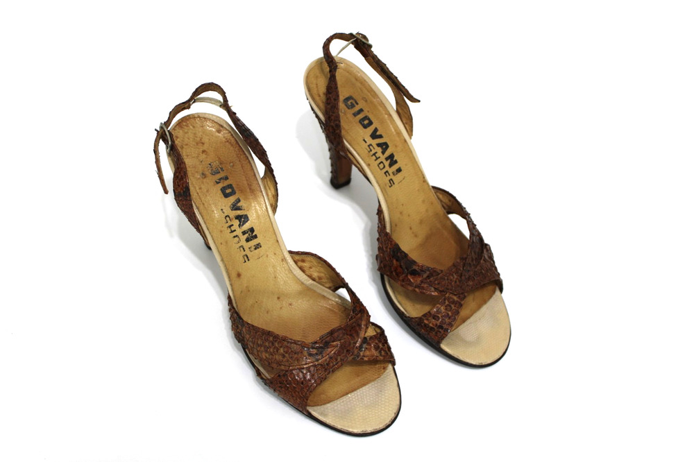 60s Giovani Snakeskin Slingback Heels Brown Exotic Leather Vintage Size 7.5